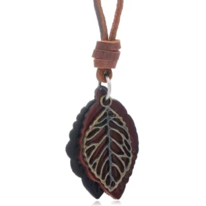 Single brown leather leaf pendant necklace with bronze alloy charm and adjustable rope chain, gothic style