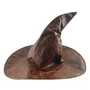 Vintage distressed brown leather witch hat front three-quarter view showcasing cracked texture and curved pointed crown for gothic costume aesthetic