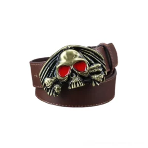 Brown Vintage PU Leather Skull Belt with Bronze Metal Buckle - Top Down View