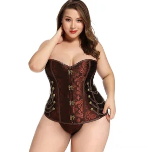 Brown steampunk corset with chain details and metal clasps worn on plus-size model, front view