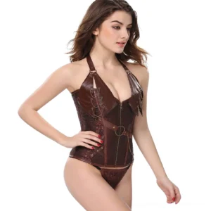 Brown steampunk corset with chains and halter neck straps front 3/4 view on model with matching G-string