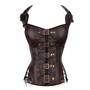 Brown steampunk corset front flat display, showing dark faux leather with metal rivets, square metal buckle fasteners, and industrial-inspired design details