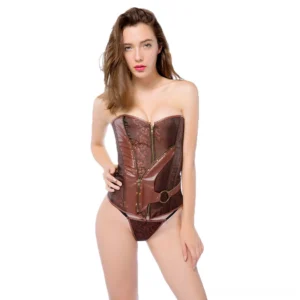 Brown steampunk overbust corset front view with dual zippers and O-ring belt, shown on model in studio setting