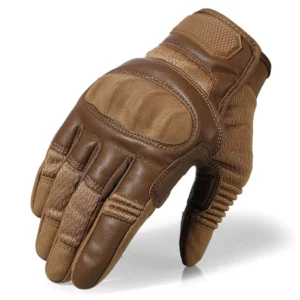 Brown leather tactical combat gloves with padded knuckles and reinforced protection