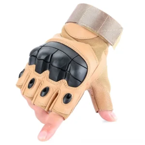 Brown leather fingerless tactical gloves with reinforced knuckle guards and adjustable wrist strap, displayed on dummy hand
