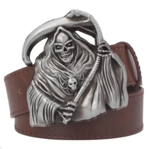 Brown vintage grim reaper leather belt with silver metal death buckle, overhead flat lay showing rich leather patina and reaper sculpture
