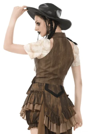 Brown gothic steampunk waistcoat rear view on model with cowboy hat, displaying fitted back construction and layered skirt coordination