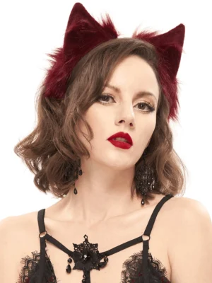 Burgundy faux fur cat ear headband worn by model in gothic black lace lingerie, three-quarter front view