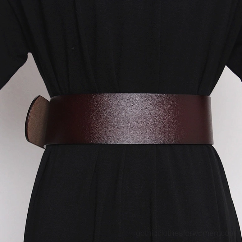 Burgundy wine red leather corset belt without buckle, smooth strap side view