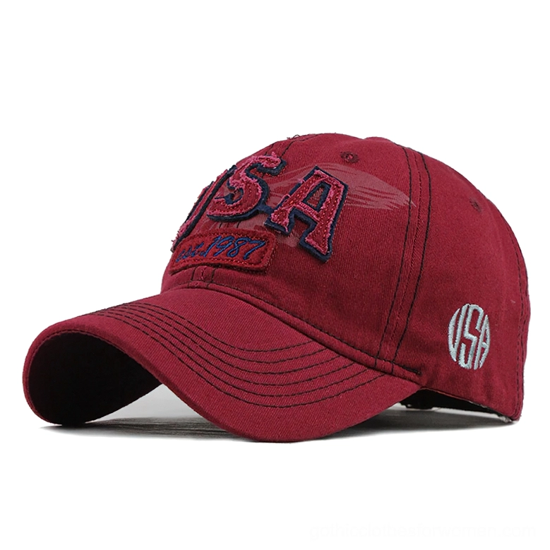 Burgundy wine red vintage denim baseball cap with red embroidered USA design, gothic aesthetic