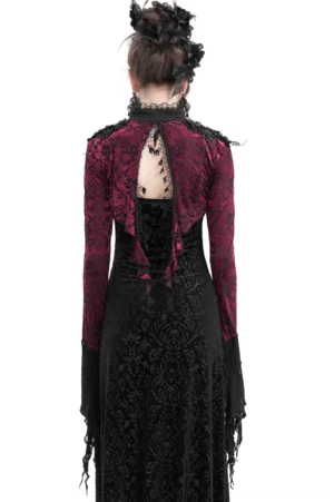 Gothic burgundy lace bolero back view displaying open back cutout design and ruffled high collar detail on model with gothic styling