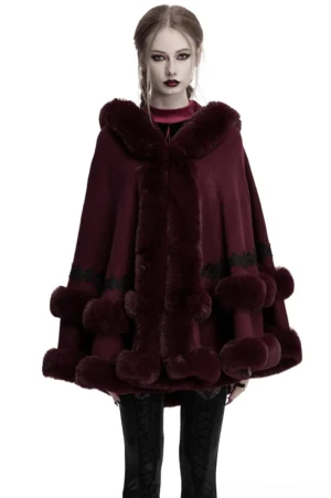 Burgundy gothic hooded cloak front view with faux fur trim and black lace hem detail on white background