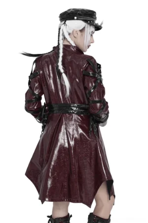 Burgundy faux leather gothic coat back view showing asymmetrical pointed hem and decorative wrapped sleeve straps
