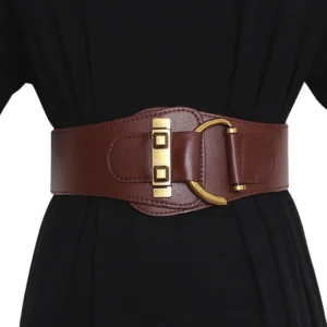 Burgundy gothic corset leather belt with gold hardware displayed on model wearing black dress