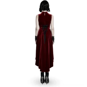 Back view of burgundy velvet gothic dress showing black corset lace-up design and floor-length asymmetrical hem on white background