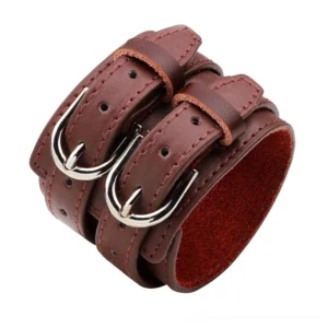 Burgundy leather wide gothic bracelet with red suede inner lining, silver metal hardware and toggle closure, featuring deep wine color authentic to gothic aesthetic