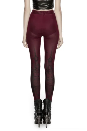 burgundy gothic mesh leggings back view sheer fabric ecclesiastical design