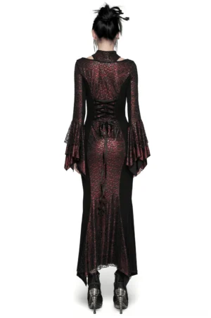 Back view of burgundy gothic maxi dress displaying lace-up corset back and flared sleeves