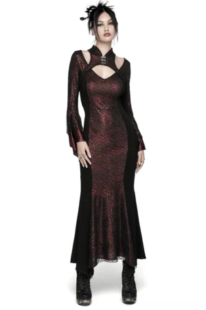 Burgundy gothic maxi dress front view on model showing dramatic V-neckline and bell sleeves with lace trim