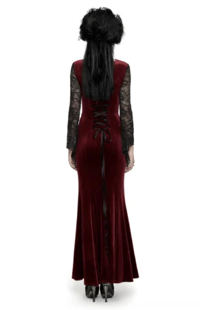 Back full-body view of burgundy velvet gothic mermaid dress showing lace-up corset back and flared lace sleeves