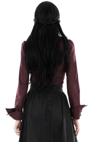 Burgundy gothic blouse back view on model showing fitted silhouette and shoulder shaping paired with long black skirt