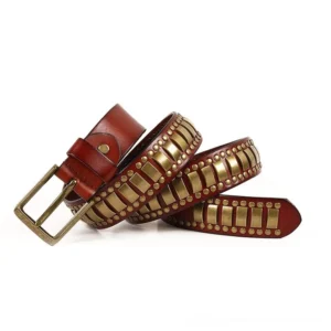 Burgundy dark red gothic studded cowskin belt with bronze rectangular studs - alternative fashion accessory