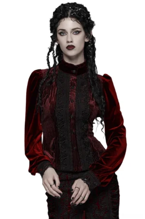 Burgundy velvet gothic blouse with rose lace detailing and stand collar, front view on model