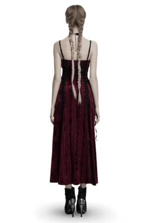 Gothic burgundy velvet maxi dress rear view on model with braids, showing back lace details