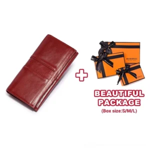 Burgundy red genuine leather long wallet clutch with matching gift packaging set - elegant dark romantic wallet presentation