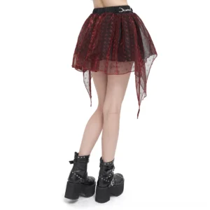 Burgundy irregular layered mesh gothic skirt back view on model, metal buckle detail on elastic waistband