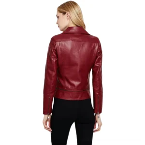 Back view of burgundy PU leather motorcycle jacket showcasing fitted silhouette, smooth leather finish, and zippered cuffs for gothic aesthetic