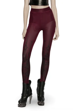 burgundy mesh gothic leggings front view full body with black skull and church print