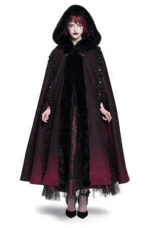 Gothic hooded cloak with burgundy ombre hem worn by model, front view with faux fur trim and lace appliqués