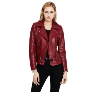 Burgundy patchwork PU leather biker jacket front view on model, featuring notched lapel, asymmetrical zippers, and detachable hem for gothic style