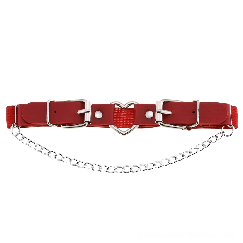 Deep maroon burgundy PU leather garter belt with heart metal fitting and curb chain pendant