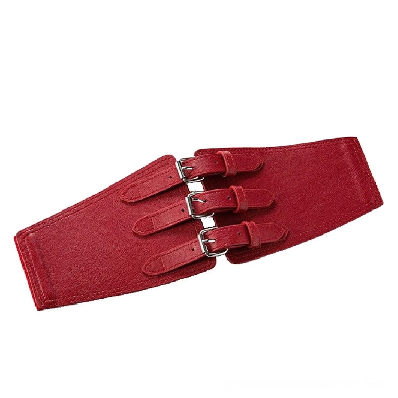 Burgundy red wide gothic corset belt with silver metal buckles, side flat lay display