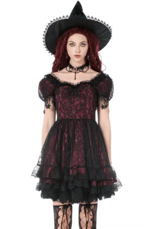 Burgundy gothic lace corset dress with star charm puff sleeves - full front view on model with burgundy curly hair wearing choker necklace