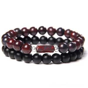 Burgundy red carnelian stone beaded bracelet with black frosted beads and red rectangular centerpiece, gothic unisex jewelry
