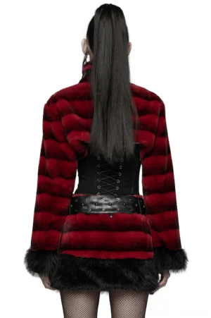 women's punk faux fur cropped jacket back view showing open design and black cuff details paired with gothic corset