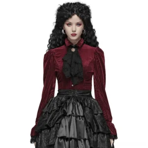 Burgundy velvet gothic corset blouse front view with black lace neck trim and vintage buttons