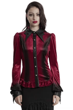 Burgundy velvet Gothic blouse front view featuring dramatic batwing collar and ruffled hem worn by model