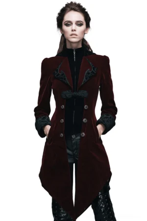 Burgundy velvet gothic coat front view on model - steampunk embroidery details and fitted silhouette