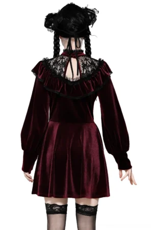 Burgundy velvet gothic mini dress with open-back black lace yoke - back view on model