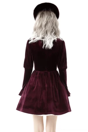 Gothic burgundy velvet dress back view showing A-line skirt silhouette and coordinating black hat