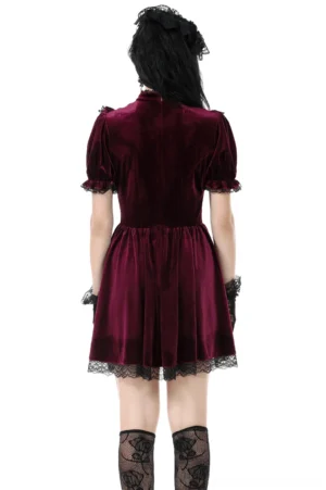 Back view of burgundy velvet gothic dress showing pleated skirt with black lace hem and ruffled sleeve cuffs