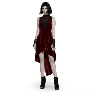 Burgundy velvet gothic high-low dress front view with black lace neckline and corset back, worn by model with short dark hair on white studio background