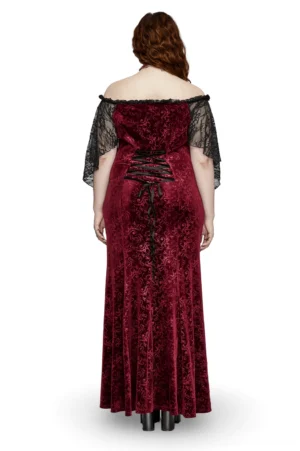 Gothic burgundy velvet evening gown back view - corset lace-up back with metal eyelets and floor-length silhouette