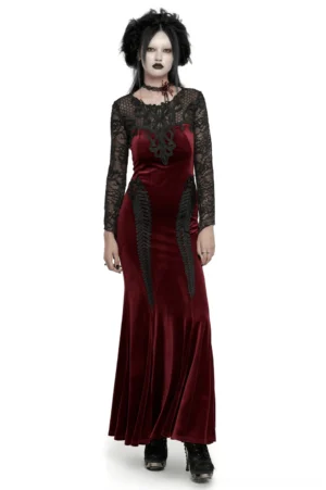 Front full-body view of burgundy velvet gothic mermaid dress with black lace sleeves and corset back on model