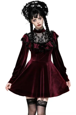 Burgundy velvet gothic mini dress with black lace yoke and puff sleeves - front view on model