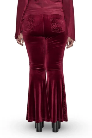 Burgundy velvet gothic flared pants back view displaying embossed pockets and dramatic flared hem